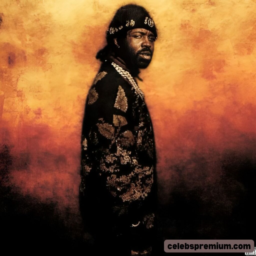 The rapper wears a patterned jacket, a gold chain, and a black head covering with white designs.