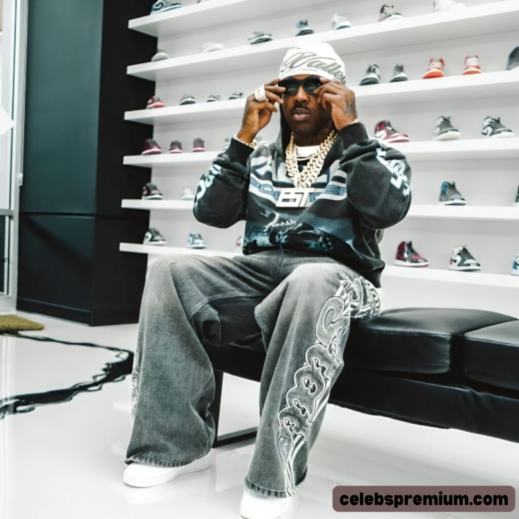 Est Gee sits on a black bench in front of shelves filled with sneakers.